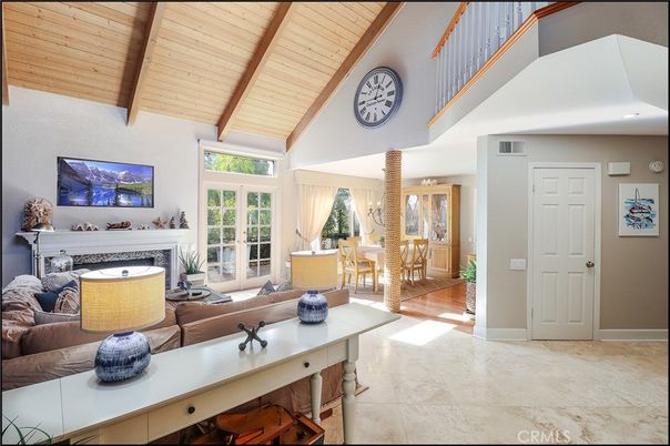 Dining room, Fireplace, Interior, Living room, Recessed Lighting, Wooden Beams, Wooden Ceilings