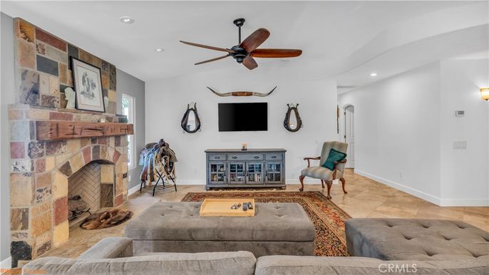 Fireplace, Interior, Living room, Recessed Lighting, Stone Walls