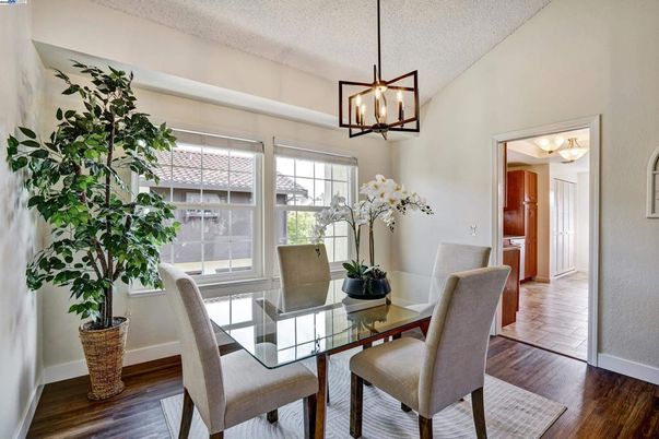 Dining room, Interior, Pendant Lights, Wood Texture Flooring