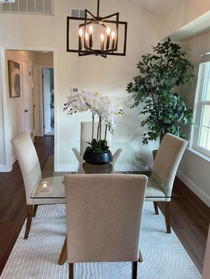 Chandelier, Dining room, Interior, Pendant Lights, Wood Texture Flooring