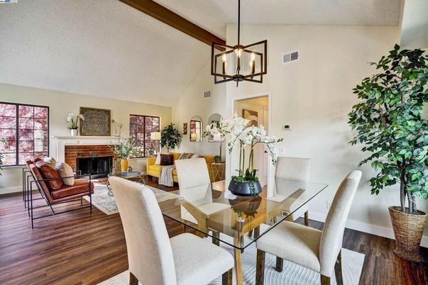 Dining room, Fireplace, Interior, Living room, Pendant Lights, Wood Texture Flooring