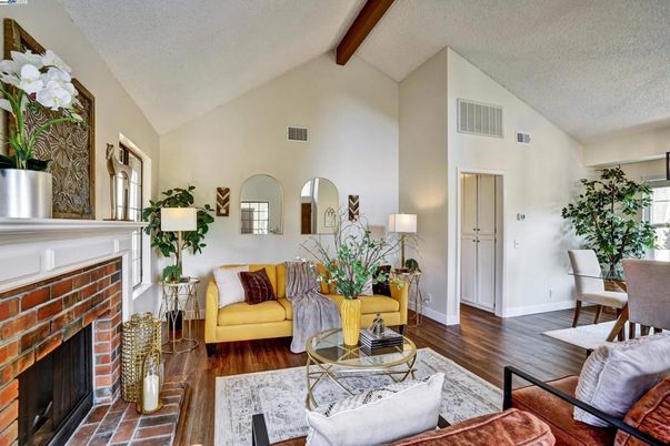 Dining room, Fireplace, Interior, Living room, Wooden Beams, Wood Texture Flooring