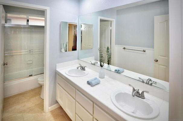Bathroom, Dual Sink Vanities, Glass Shower, Interior, Tile Countertops