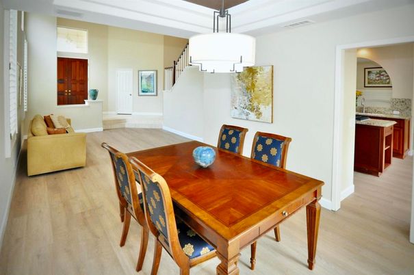 Dining room, Interior, Pendant Lights, Wood Texture Flooring