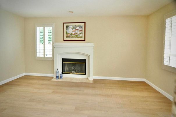 Empty room, Fireplace, Interior, Recessed Lighting, Wood Texture Flooring