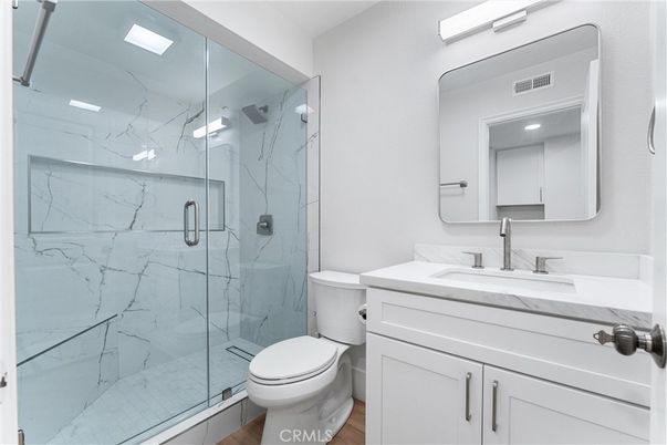 Bathroom, Glass Shower, Interior, Marble Walls, Recessed Lighting