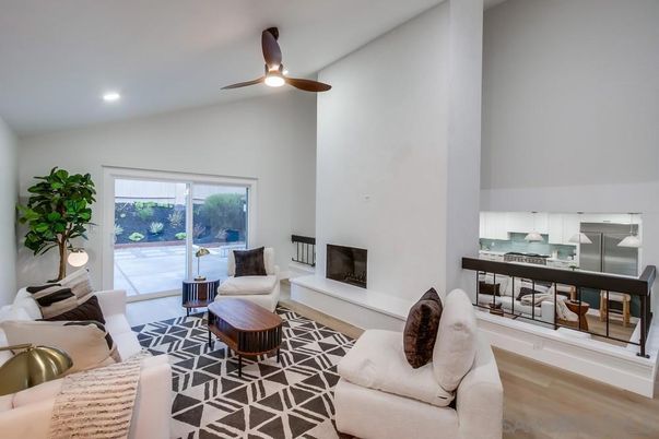 Fireplace, Interior, Kitchen, Living room, Recessed Lighting, Wood Texture Flooring