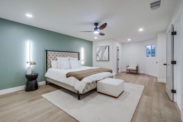 Bedroom, Interior, Recessed Lighting, Wood Texture Flooring
