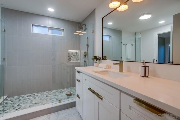 Bathroom, Dual Sink Vanities, Glass Shower, Interior, Marble, Recessed Lighting