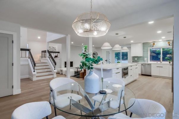 Dining room, Interior, Kitchen, Pendant Lights, Recessed Lighting, Stainless Steel Appliances, Wood Texture Flooring