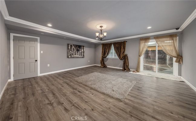 Chandelier, Empty room, Interior, Recessed Lighting, Wood Texture Flooring