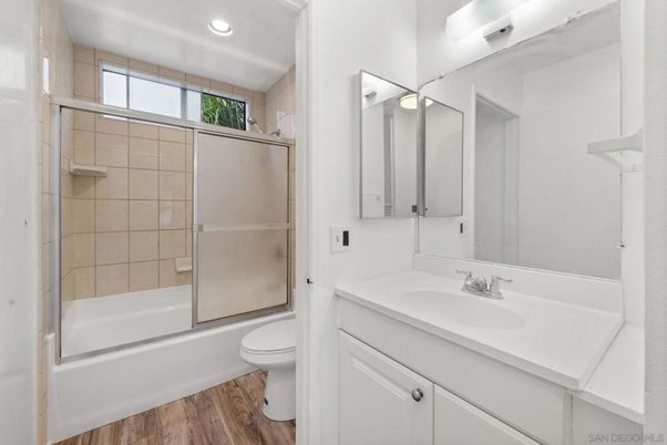 Bathroom, Glass Shower, Interior, Recessed Lighting, Wood Texture Flooring
