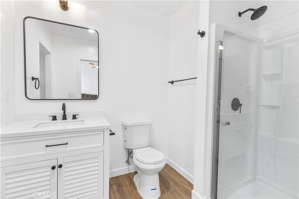 Bathroom, Glass Shower, Interior, Wood Texture Flooring