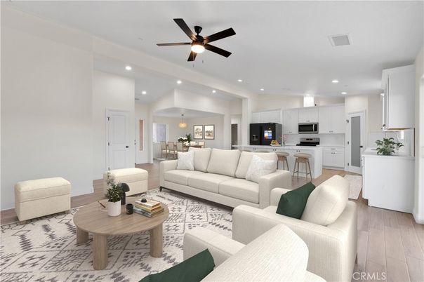 Dining room, Interior, Kitchen, Living room, Pendant Lights, Recessed Lighting, Stainless Steel Appliances, Wood Texture Flooring
