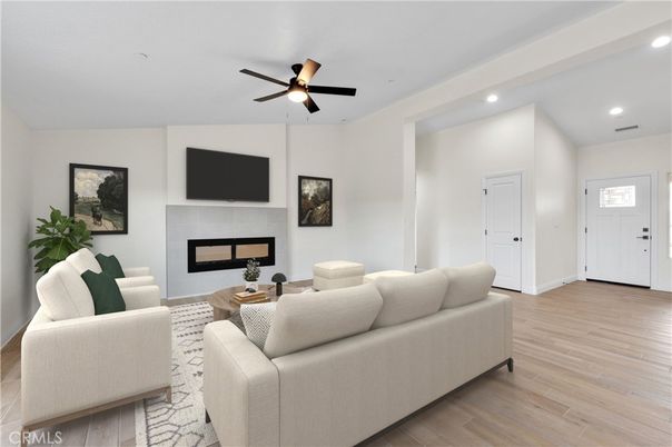 Fireplace, Interior, Living room, Recessed Lighting, Wood Texture Flooring