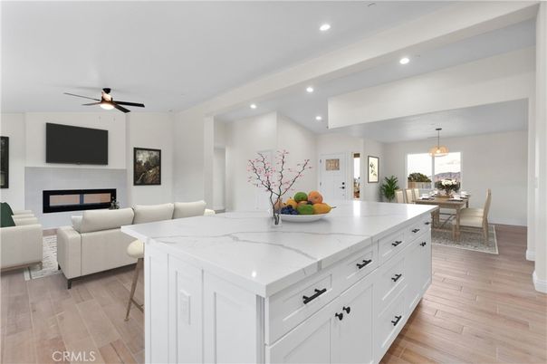 Dining room, Fireplace, Interior, Kitchen, Living room, Pendant Lights, Recessed Lighting, Wood Texture Flooring