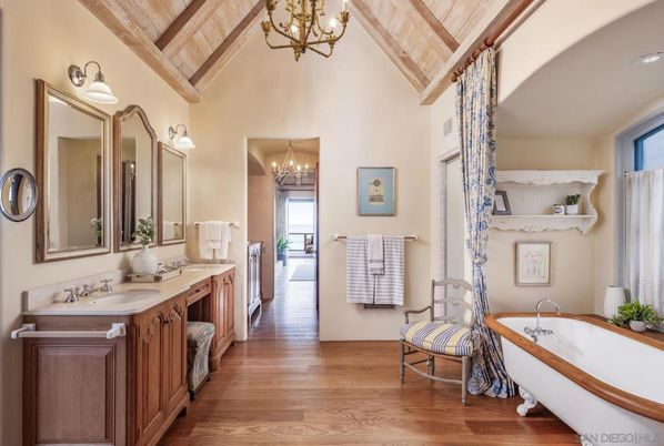 Bathroom, Chandelier, Dual Sink Vanities, Free Standing Baths, Interior, Wooden Beams, Wooden Ceilings, Wood Texture Flooring