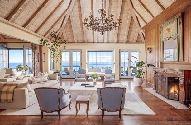 Chandelier, Fireplace, Interior, Living room, Water, Wooden Beams, Wooden Ceilings, Wood Texture Flooring