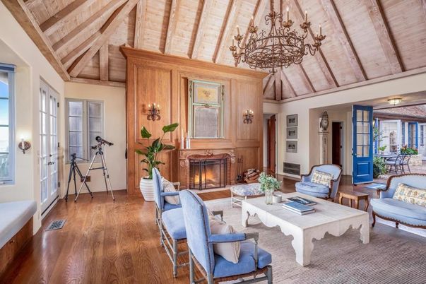 Chandelier, Fireplace, Interior, Living room, Wooden Beams, Wooden Ceilings, Wood Texture Flooring, Wooden Walls