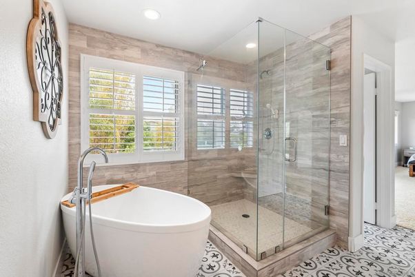 Bathroom, Free Standing Baths, Glass Shower, Interior, Recessed Lighting