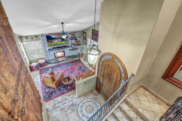 Fireplace, Interior, Pendant Lights, Stone Walls