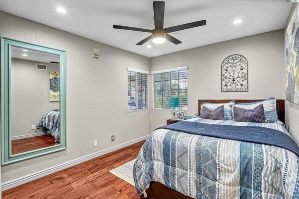 Bedroom, Interior, Recessed Lighting, Wood Texture Flooring