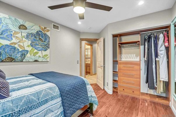 Bedroom, Interior, Recessed Lighting, Wood Texture Flooring