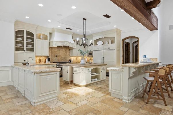 Chandelier, Interior, Kitchen, Recessed Lighting, Stainless Steel Appliances, Wooden Beams