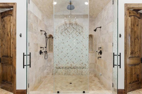 Bathroom, Glass Shower, Interior, Recessed Lighting, Stone Walls