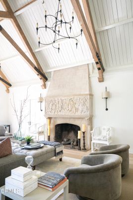 Chandelier, Fireplace, Interior, Living room