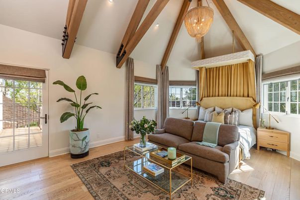 Bedroom, Chandelier, Interior, Living room, Recessed Lighting, Wooden Beams, Wood Texture Flooring