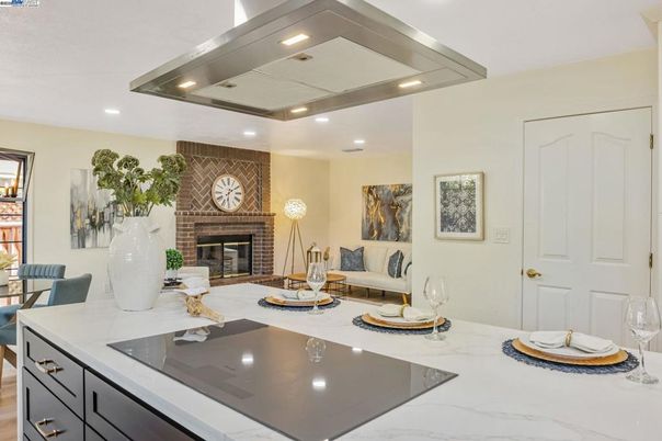 Dining room, Fireplace, Interior, Kitchen, Recessed Lighting