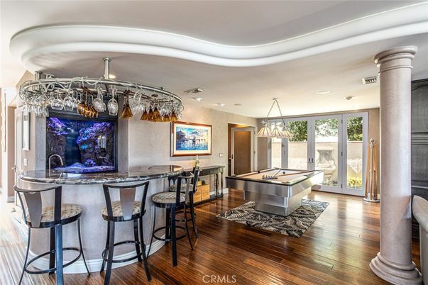 Billiard Table, Chandelier, Game Room, Interior, Recessed Lighting, Wood Texture Flooring