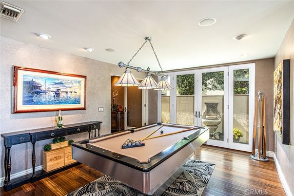 Billiard Table, Chandelier, Game Room, Interior, Recessed Lighting, Wood Texture Flooring