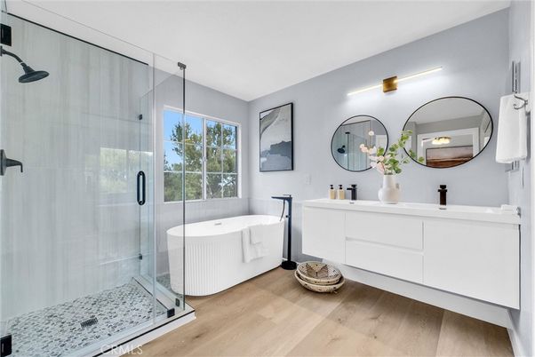 Bathroom, Dual Sink Vanities, Free Standing Baths, Glass Shower, Interior, Wood Texture Flooring