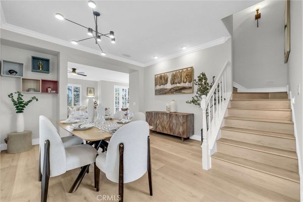 Dining room, Interior, Pendant Lights, Recessed Lighting, Wood Texture Flooring