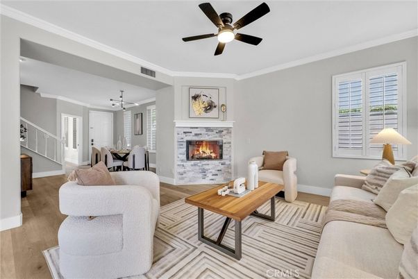 Dining room, Fireplace, Interior, Living room, Pendant Lights, Wood Texture Flooring