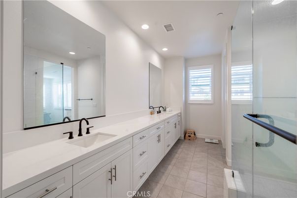 Bathroom, Dual Sink Vanities, Glass Shower, Interior, Recessed Lighting