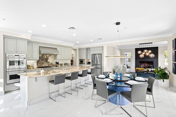 Dining room, Interior, Kitchen, Marble, Pendant Lights, Recessed Lighting, Stainless Steel Appliances