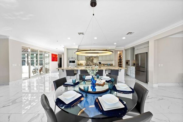 Dining room, Interior, Kitchen, Marble, Pendant Lights, Recessed Lighting, Stainless Steel Appliances