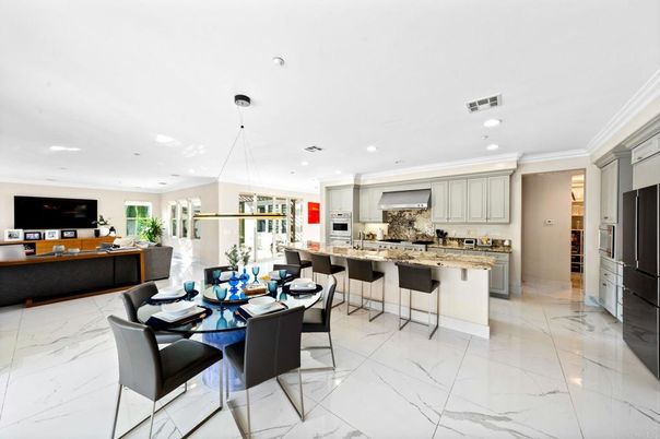 Dining room, Interior, Kitchen, Living room, Marble, Pendant Lights, Recessed Lighting, Stainless Steel Appliances