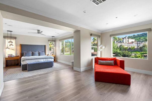Bedroom, Interior, Pendant Lights, Recessed Lighting, Wood Texture Flooring