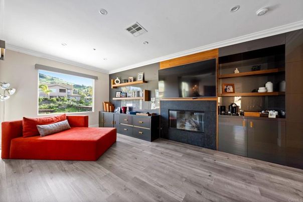 Fireplace, Interior, Living room, Recessed Lighting, Wood Texture Flooring