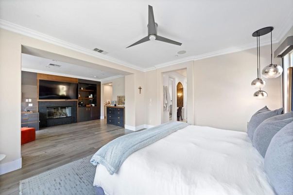 Bedroom, Fireplace, Interior, Pendant Lights, Wood Texture Flooring