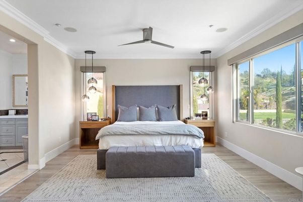 Bedroom, Interior, Pendant Lights, Recessed Lighting, Wood Texture Flooring