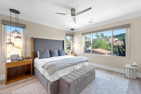 Bedroom, Interior, Pendant Lights, Wood Texture Flooring