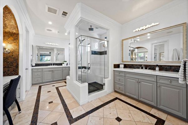 Bathroom, Glass Shower, Interior, Recessed Lighting, Tile Countertops