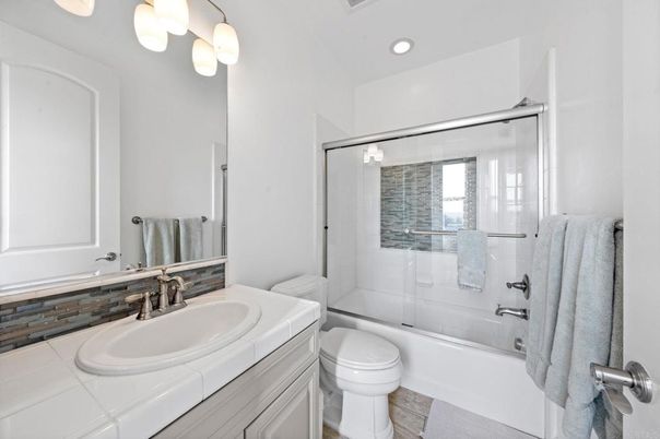 Bathroom, Glass Shower, Interior, Recessed Lighting, Tile Countertops