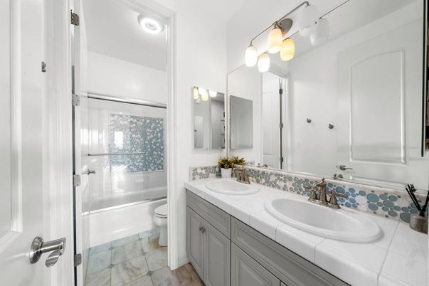Bathroom, Dual Sink Vanities, Glass Shower, Interior, Tile Countertops