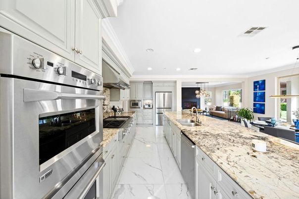 Interior, Kitchen, Living room, Marble, Pendant Lights, Recessed Lighting, Stainless Steel Appliances